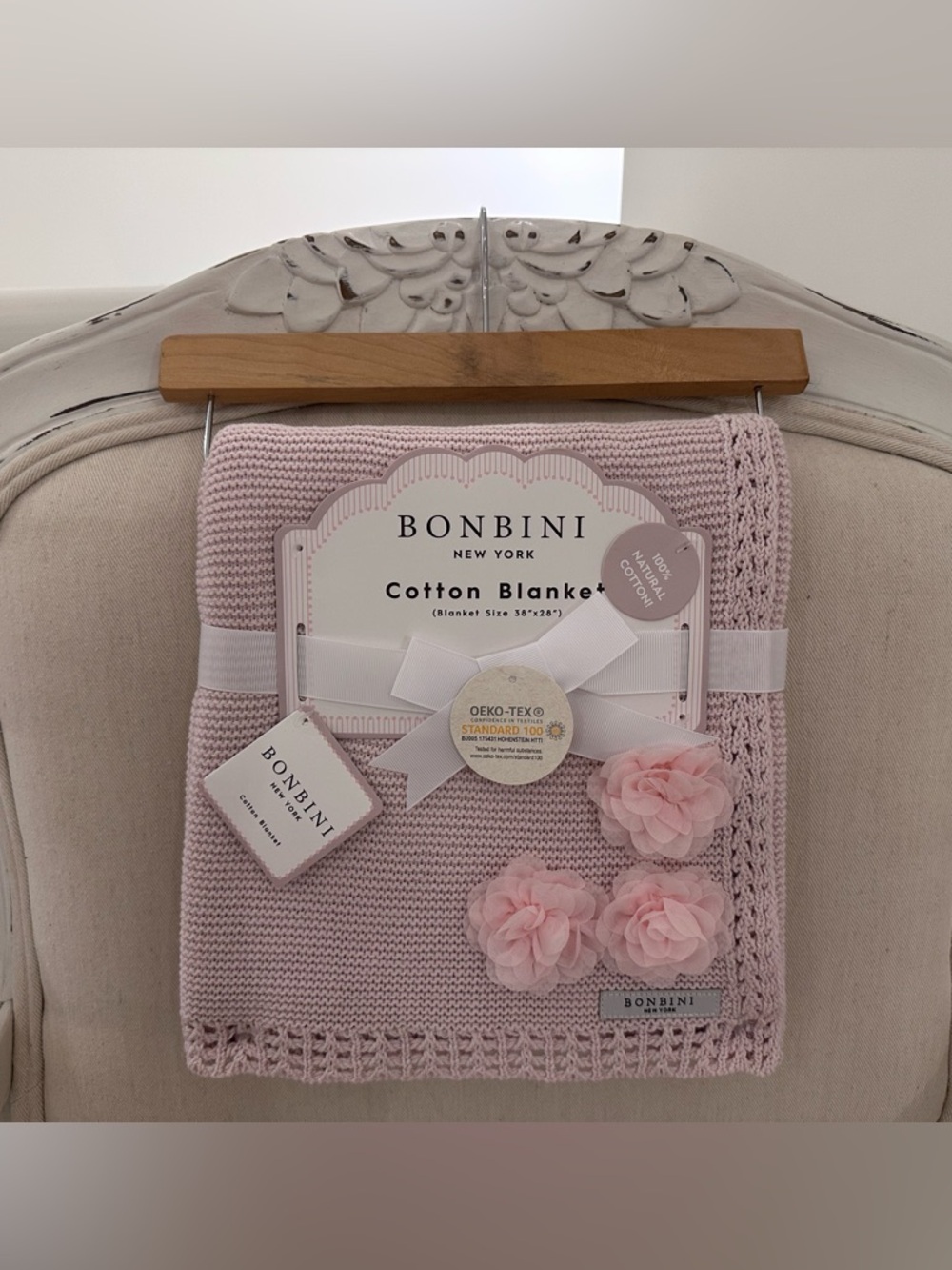 BONBINI New York Pink 100% Cotton Baby Blanket with Pretty Rosettes NWT